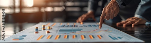 Close-up of a financial advisor pointing at growth charts on a presentation board, office background, focused lighting, high-detail photo-realistic setting, strategy session