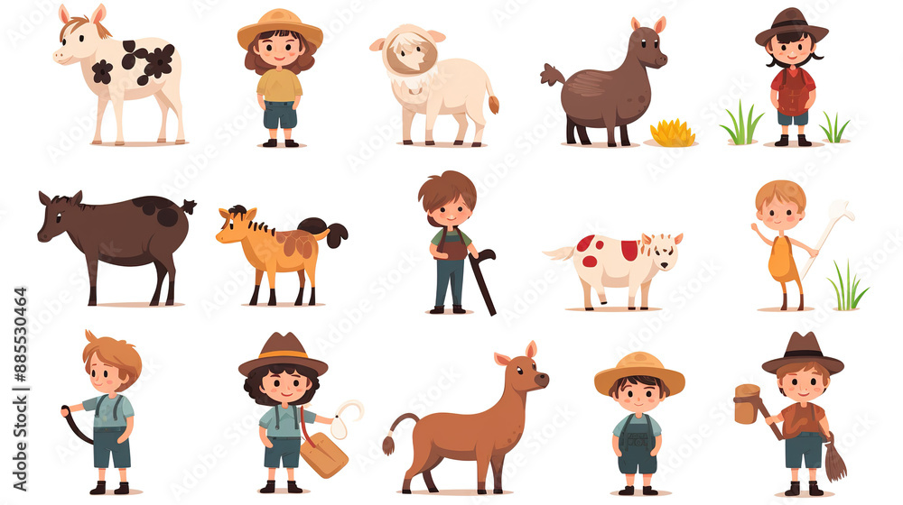 Obraz premium Isolated on a white background are farm animals and children.