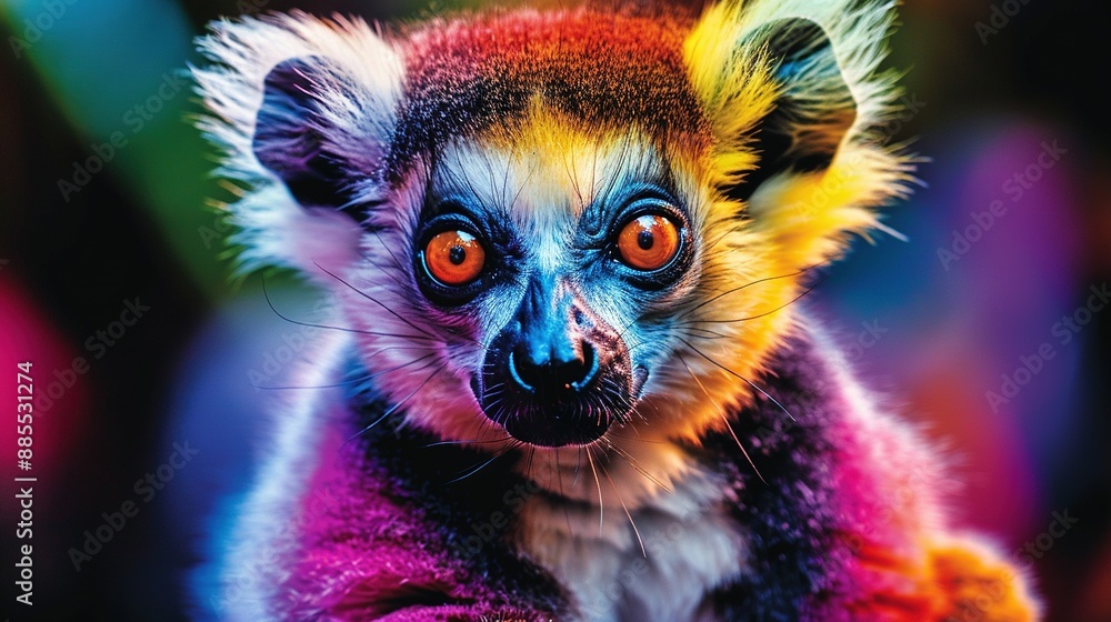 A photo of a close-up of a small animal with vivid colors on its face and a blurry background A photo of a close-up of a small animal with vivid colors on its face and a blurry background