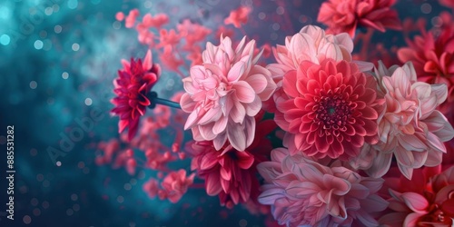 Closeup of pink and red flowers with a blurred teal background.