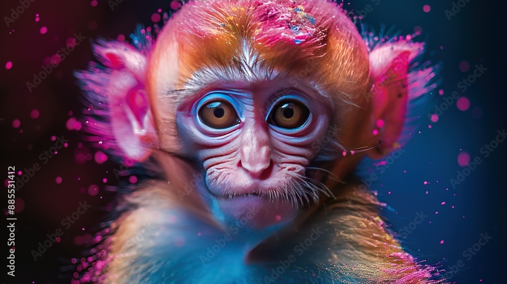 A zoomed-in photo of a monkey with blue and pink paint on its face and a blurry backdrop A zoomed-in photo of a monkey with blue and pink paint on its face and a blurry backdrop