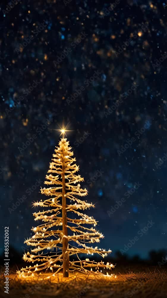 Decorated Christmas tree with lights and snowfall in dark forest at dark starry night sky. Luxury decorated Christmas tree. Copy space slow motion Christmas backdrop Decorated Christmas tree with lights and snowfall in dark forest at dark starry night sky. Luxury decorated Christmas tree. Copy space slow motion Christmas backdrop