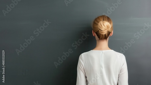 A woman with a bun in her hair is looking at a chalkboard