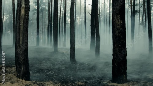Deadwood. Close up shot of smoking grounds in forest after bonfire, slow motion