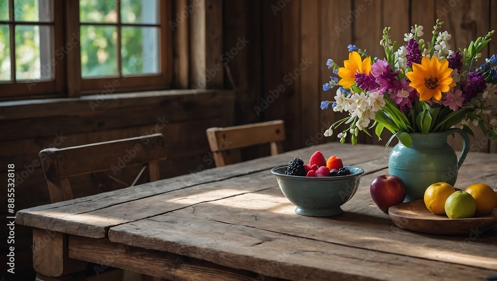 Rustic wooden table featuring vibrant spring flowers and fruits Rustic wooden table featuring vibrant spring flowers and fruits