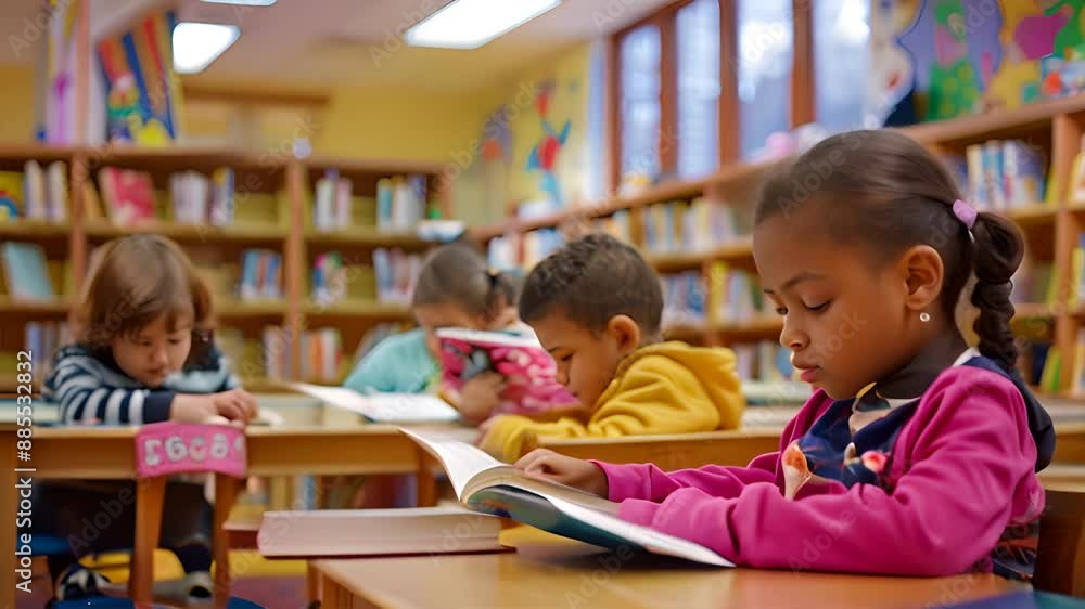 Showing children's concentration on reading. In the background is a very childlike children's library reading room.generative ai Showing children's concentration on reading. In the background is a very childlike children's library reading room.generative ai