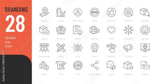 Branding Line Editable Icons set. Vector illustration in modern thin line style of marketing related icons: product, company, strategy, distribution, and  more. Isolated on white