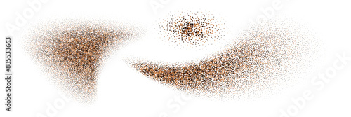 Cinnamon, coffee, cocoa powder splash, spices particle ground, wavy swirl shape splatter trail, dot texture. Isolated on white background, vector illustration