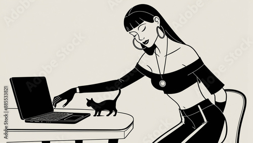 A woman in a highly stylized black and white cartoon  illustration generative ai photo