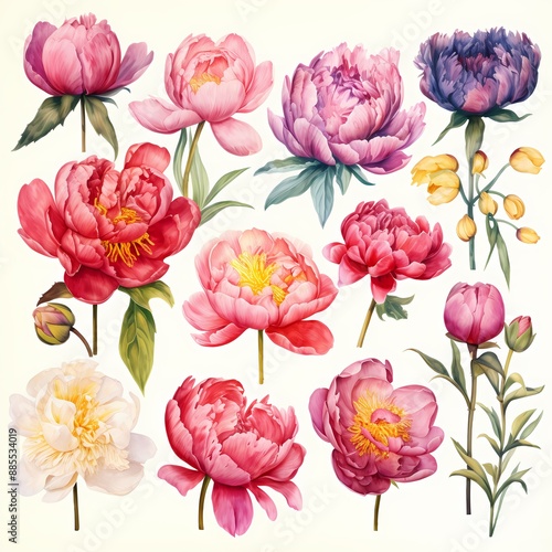 Colorful watercolor peonies ideal for wallpapers, fashion prints, gift wrapping, and branding.