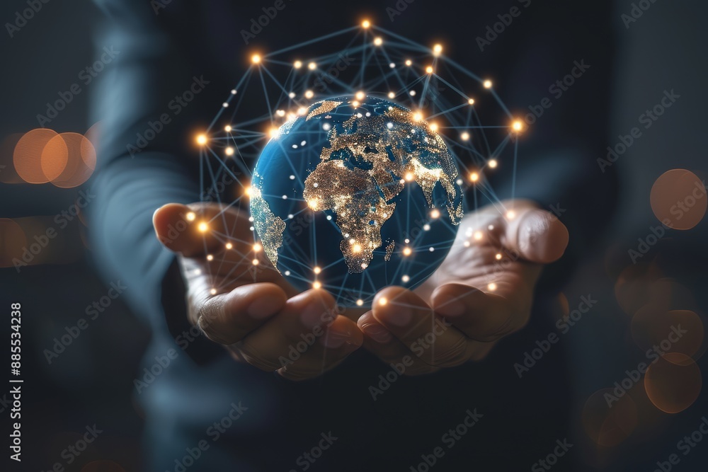 Fototapeta premium Businessman holding a globe with digital connections and dots over it. Global online communication, international data network and business technology concept.