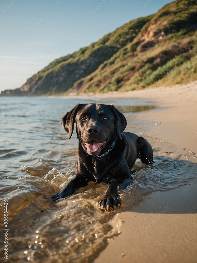 Sandy beach day with a friendly labrador retriever Sandy beach day with a friendly labrador retriever