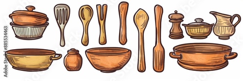 Rustic ceramic utensils drawing set, sketched antique bowls, crockery painting, dish, mug, earthenware