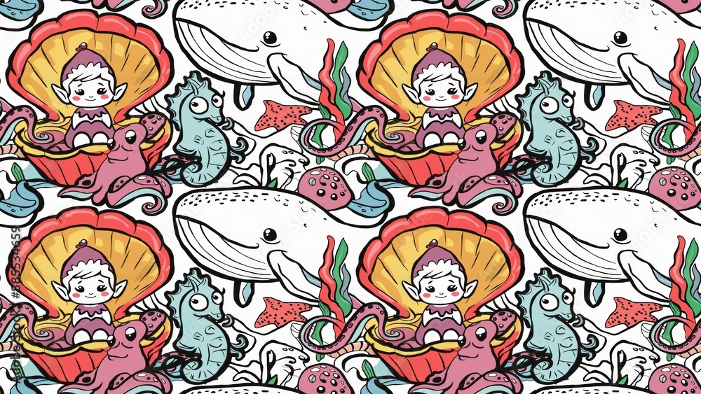 A pattern with a cartoon girl and fish on it, AI A pattern with a cartoon girl and fish on it, AI