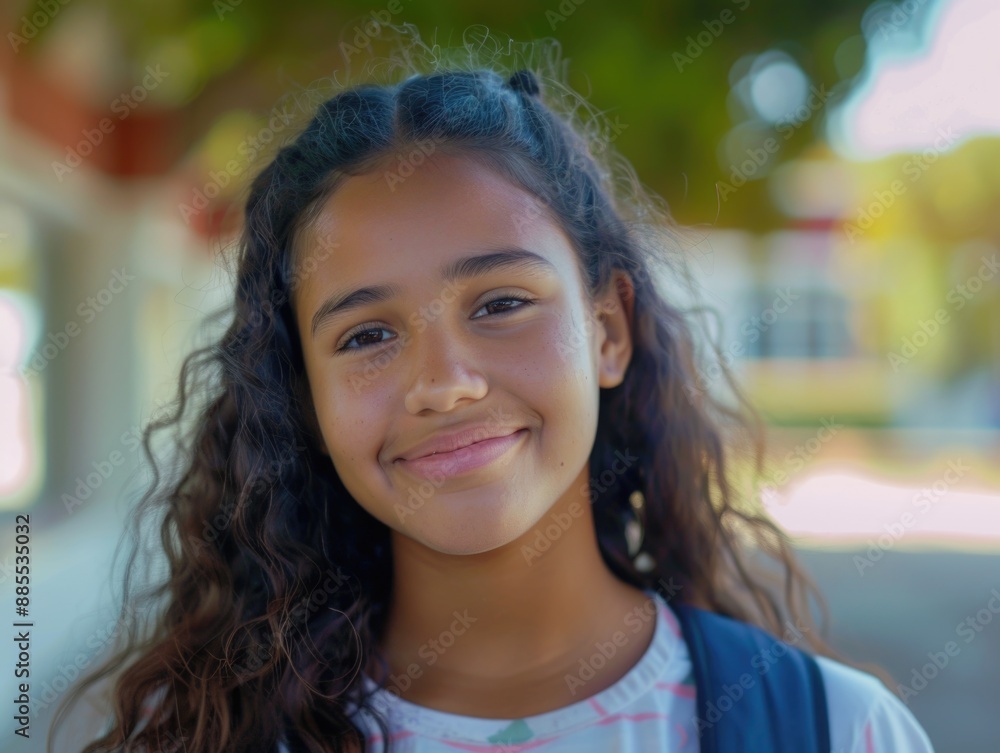 A cheerful girl holds a backpack and smiles directly at the camera, conveying enthusiasm for her adventure A cheerful girl holds a backpack and smiles directly at the camera, conveying enthusiasm for her adventure