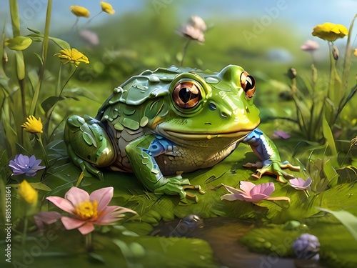 Create a 3D realistic illustration of a frog in a meadow, detailed with natural colors and textures.