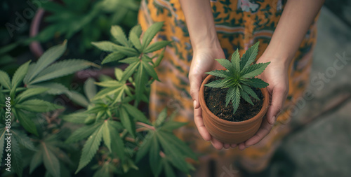 Close up of hands holding a cannabis plant in a flower pot, a woman growing marijuana at home in her garden backyard on a rooftop terrace