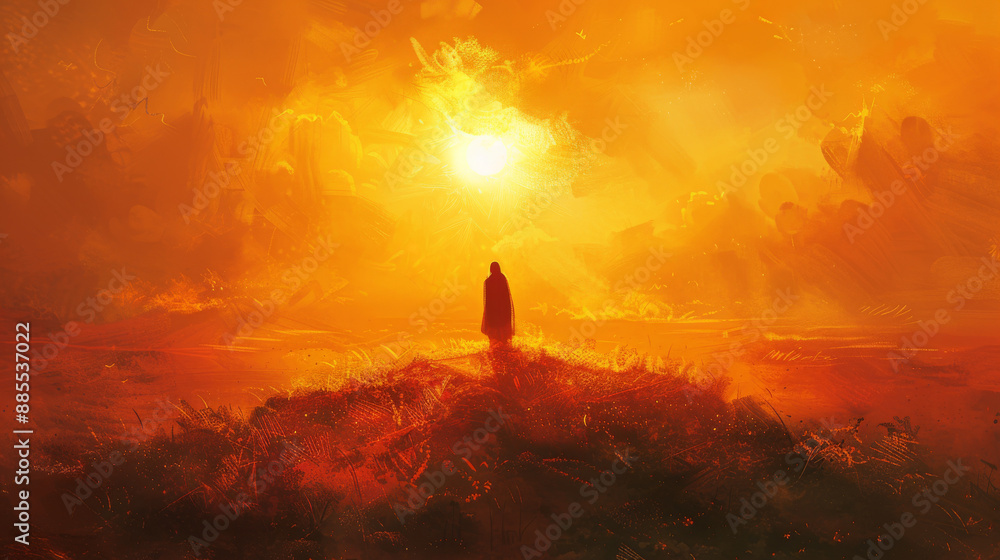 illustration of a person standing on a hilltop, overlooking a battlefield, with the rising sun casting a golden light, symbolizing a new dawn illustration of a person standing on a hilltop, overlooking a battlefield, with the rising sun casting a golden light, symbolizing a new dawn
