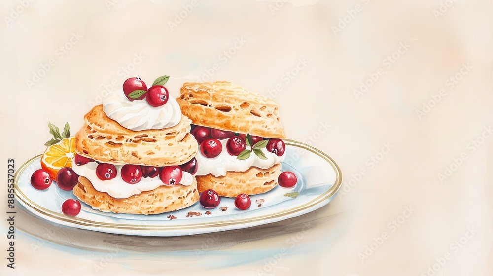 Fall scones, cranberry and orange scones with clotted cream, afternoon treat, watercolor style Fall scones, cranberry and orange scones with clotted cream, afternoon treat, watercolor style