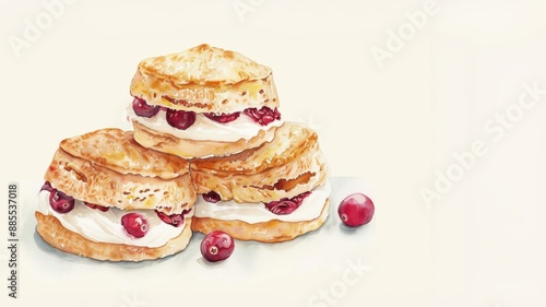 Fall scones, cranberry and orange scones with clotted cream, afternoon treat, watercolor style
