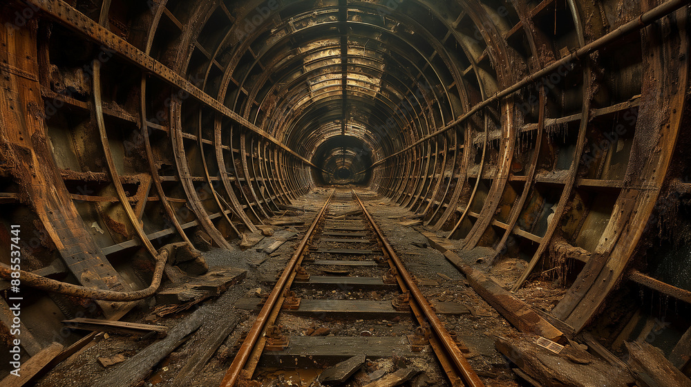 underground tunnel, characterized by its circular arches supported by metal beams. The tunnel appears to be old and worn out, with patches of rust and debris scattered on the ground underground tunnel, characterized by its circular arches supported by metal beams. The tunnel appears to be old and worn out, with patches of rust and debris scattered on the ground