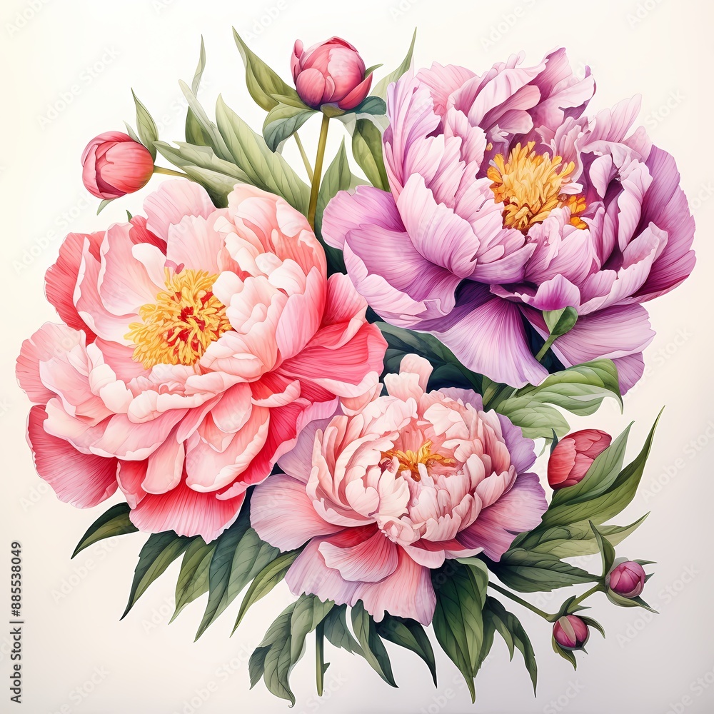 Obraz premium Colorful watercolor peonies ideal for wallpapers, fashion prints, gift wrapping, and branding.