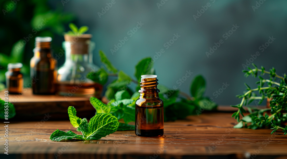 Bottles of mint essential oil and fresh leaves on wooden table, space for text Bottles of mint essential oil and fresh leaves on wooden table, space for text