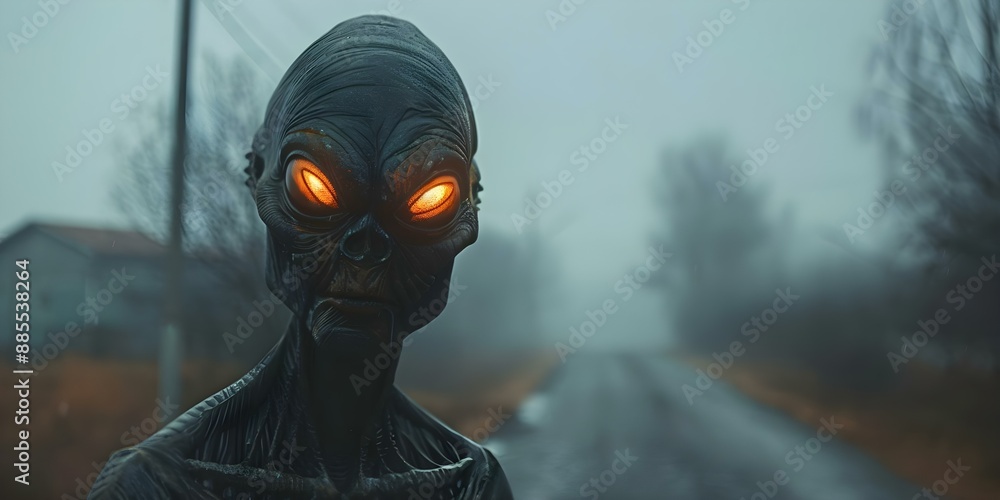 Encounter with an Alien Close-up of Extraterrestrial with Glowing Eyes in a Foggy Sky. Concept Alien Encounter, Close-up Shot, Glowing Eyes, Extraterrestrial, Foggy Sky Encounter with an Alien Close-up of Extraterrestrial with Glowing Eyes in a Foggy Sky. Concept Alien Encounter, Close-up Shot, Glowing Eyes, Extraterrestrial, Foggy Sky