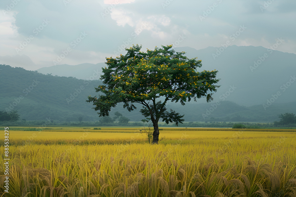 A large tree stand tall in the middle of a gold rice field on mountains background in the morning, Generative AI A large tree stand tall in the middle of a gold rice field on mountains background in the morning, Generative AI