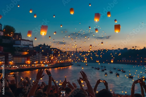 People flying lanterns in the sky