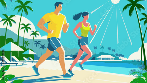 海岸リゾートの男と女のトレーニングシーンのイラスト
