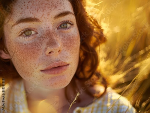 ethereal portrait of freckled woman bathed in golden sunlight delicate shadows accentuating natural beauty soft focus enhancing dreamy atmosphere © Bijac