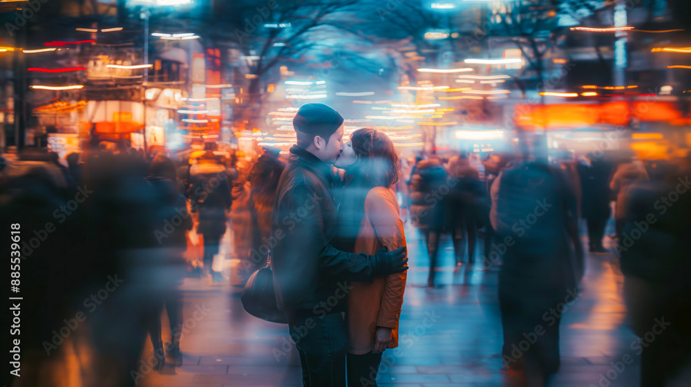 A couple kisses amidst a blurred crowd, creating an intimate moment of affection and connection within the bustling surroundings.
A couple kisses amidst a blurred crowd, creating an intimate moment of affection and connection within the bustling surroundings.