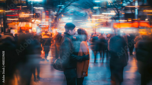 A couple kisses amidst a blurred crowd, creating an intimate moment of affection and connection within the bustling surroundings.