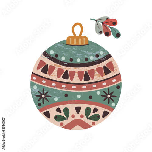 Ball element for Christmas and New Year stickers. Boho ball. Christmas tree toy in the shape of a ball with ornaments, natural colors. Holiday decor. Vector, isolated on white background