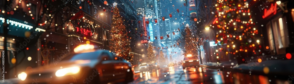 Obraz premium Capture a festive scene from a tilted angle view, blending vivid celebrations with futuristic AI breakthroughs in a digital photorealistic composition