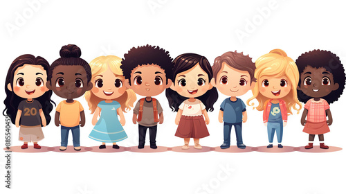 Identified children from different cultures on a white background