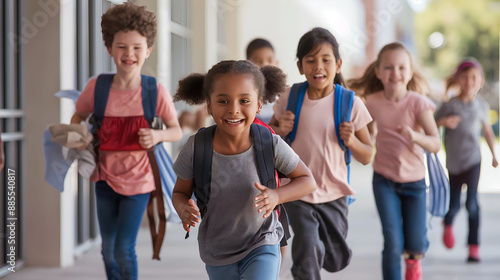 Running happy kids. Back to school. Smiling students.