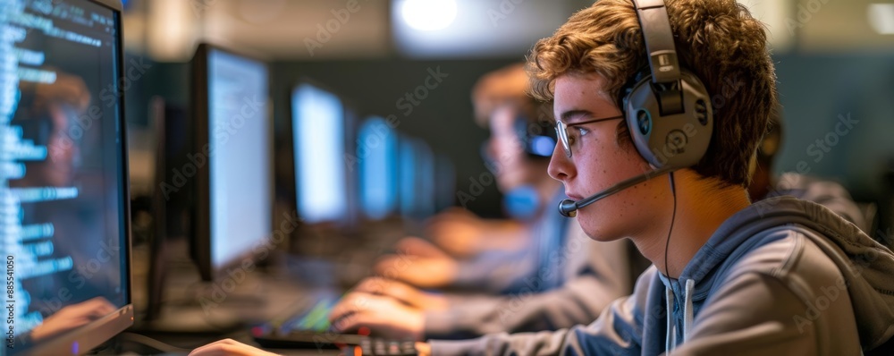 Students engaging in a coding competition, tech skills, problem-solving Students engaging in a coding competition, tech skills, problem-solving