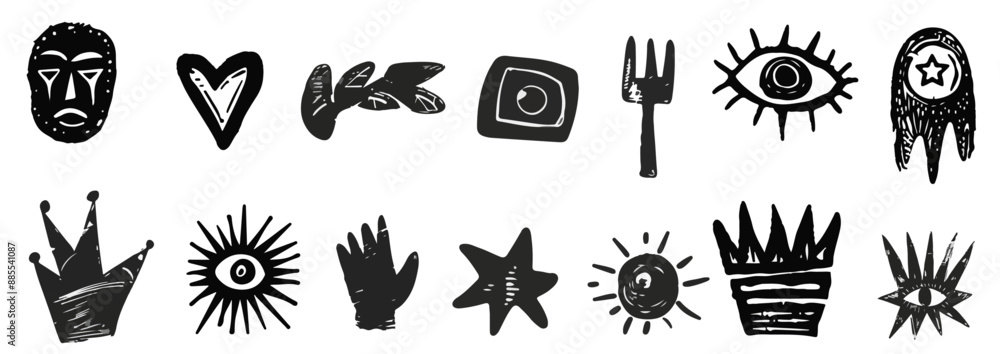 Abstract hand drawn grungy punk tribal shapes, retro naive groovy icons. Charcoal marker scribble elements, geometric shapes, eye, crown, star, flower. Vector illustration of crayon pencil 