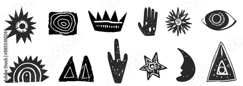 Set grungy punk linocut shapes, retro naive groovy icons. Charcoal marker scribble elements. Geometric shapes, eye, crown, star, flower. Vector illustration of crayon pencil lino doodles