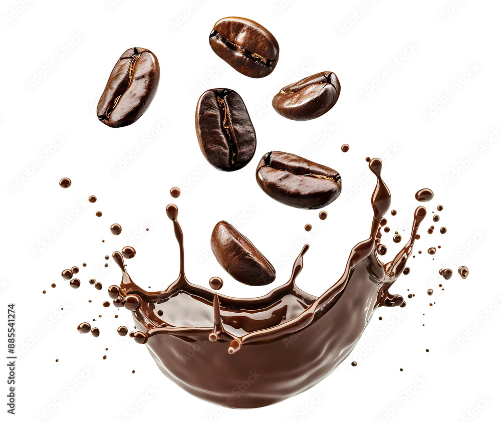 Roasted coffee beans splashing in delicious coffee, cut out Roasted coffee beans splashing in delicious coffee, cut out
