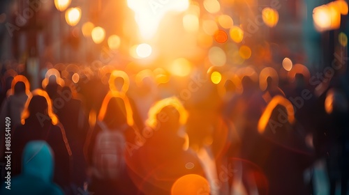 Blurred crowd of unrecognizable at the street at sunset. crowd of people in a shopping street © kinza