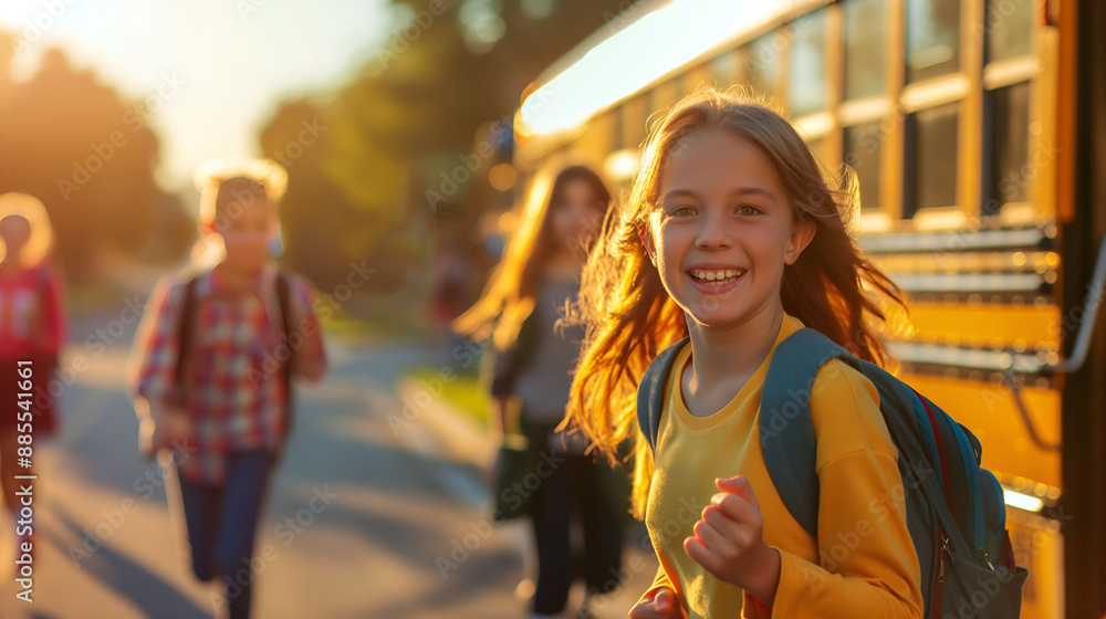Running happy kids. Back to school. Smiling students. School bus. Running happy kids. Back to school. Smiling students. School bus.