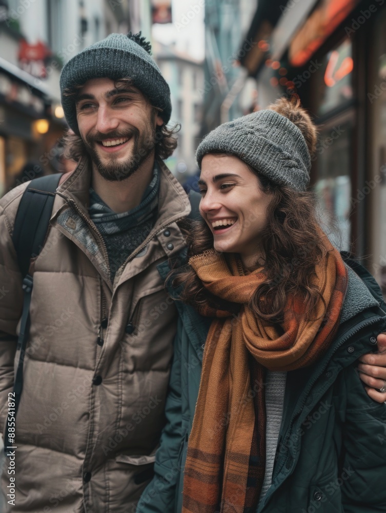 A man and a woman strolling down a city street, possibly on a date or just enjoying each other's company A man and a woman strolling down a city street, possibly on a date or just enjoying each other's company
