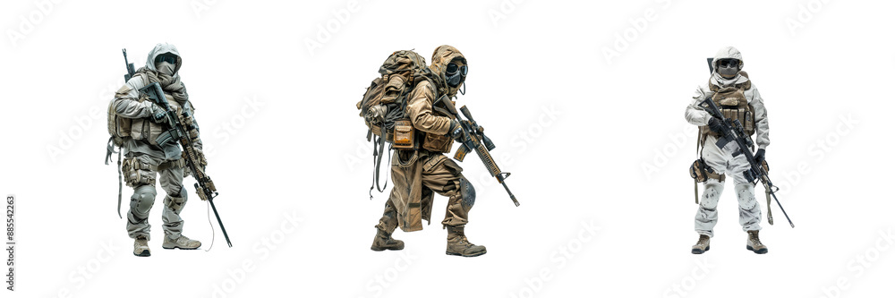 Obraz premium Set of Fictional soldier with full body of a Sniper in combat gear isolated on a transparent background