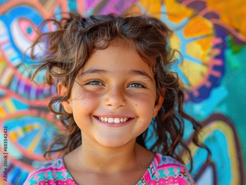 joyful child with infectious grin tousled hair bright eyes colorful background with playful patterns and shapes joyful child with infectious grin tousled hair bright eyes colorful background with playful patterns and shapes