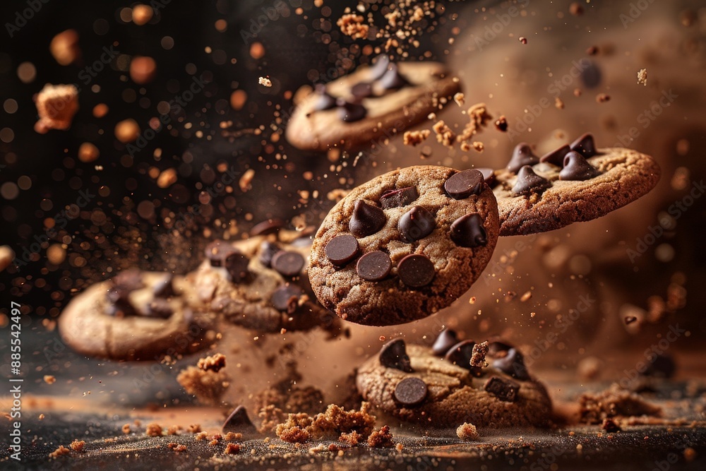 Cookies flying with chocolate chips and crumbs Cookies flying with chocolate chips and crumbs