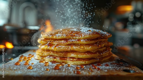 Close up hot pancakes with steam, commercial kitchen, cafe, bakery background photo