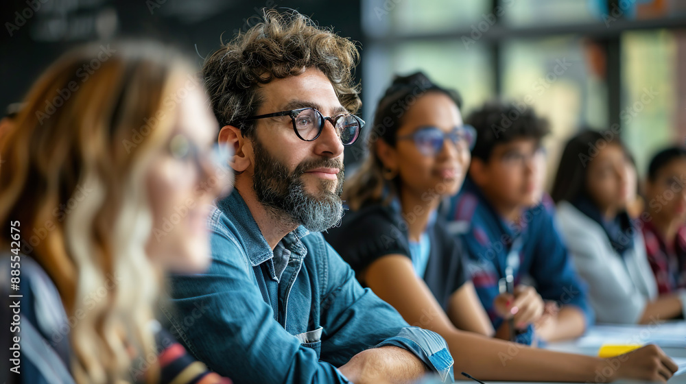 A university professor leads a seminar with a group of attentive students in a classroom setting A university professor leads a seminar with a group of attentive students in a classroom setting